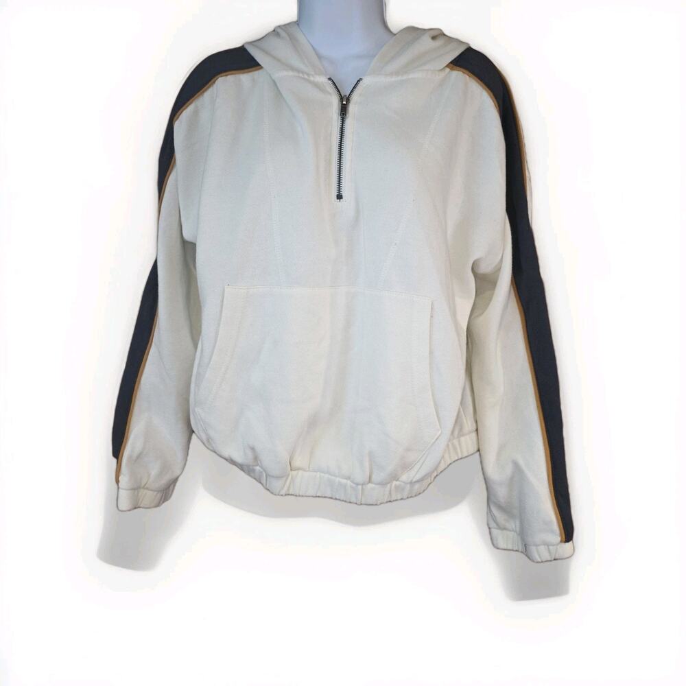 Fitz & Eddi White Pullover Partial Zip Hoodie Sz L With Stripes‎ On Sleeves